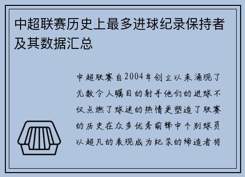 中超联赛历史上最多进球纪录保持者及其数据汇总