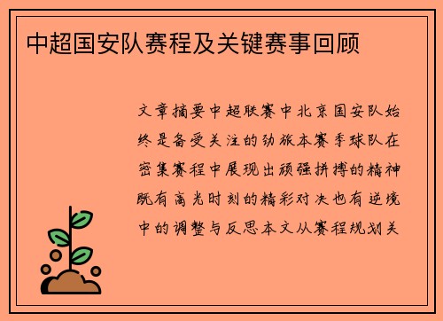 中超国安队赛程及关键赛事回顾